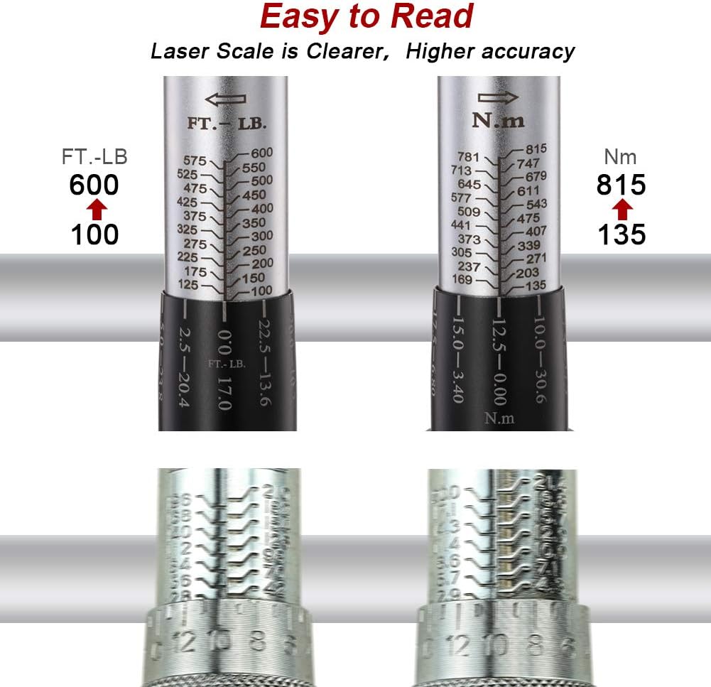 1-Inch Drive Click Torque Wrench, Dual-Scale Adjustable Torque Wrench Set with a Hex Key 200-1000ft.lb / 271-1356.7Nm