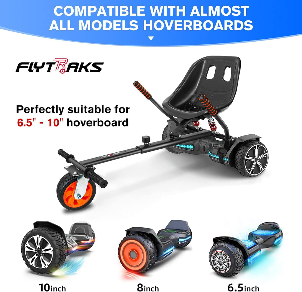Hoverboard Go Kart with Rear Shock Absorption, Hoverboard Seat Attachment Accessory for 6" to 10" Hoverboard, Adjustable Frame Length & Off-Road Rubber Wheel (Not Including Hoverboard