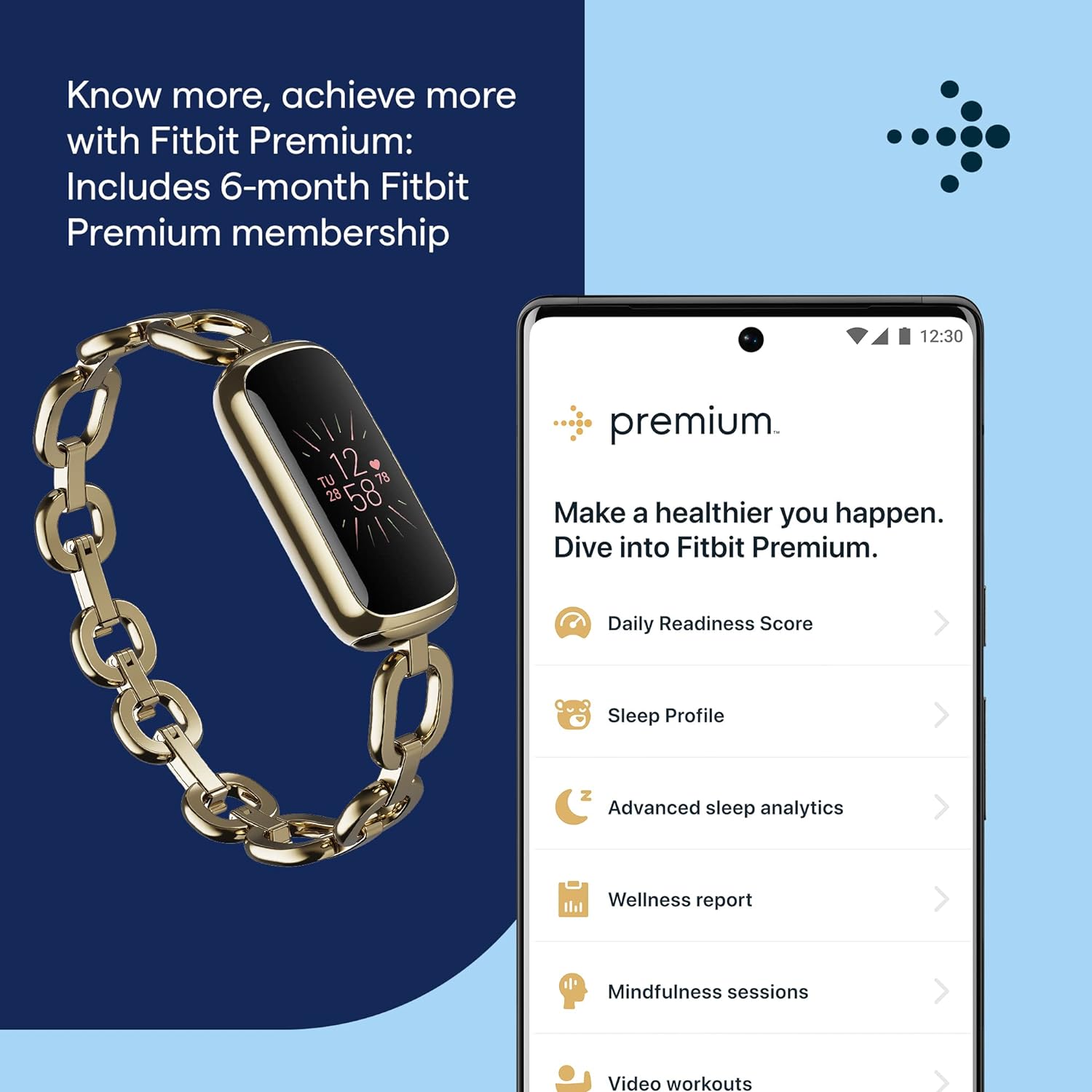 Fitness and Wellness-Tracker with Stress Management, Sleep-Tracking and 24/7 Heart Rate, One Size S L Bands Included, Lunar White/Soft Gold Stainless Steel, 1 Count