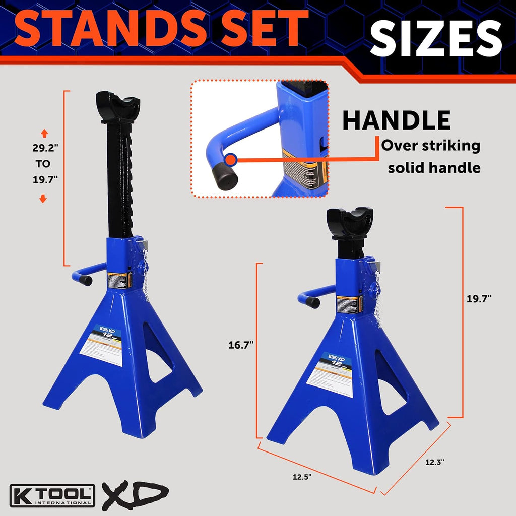 HD61222 22 Ton Automotive Jack Stands for Garages, Repair Shops, and DIY, Pin Style, V Shaped Saddle, Heavy Duty Steel Frame, Adjustable Height 11.825"- 19.725", Black/Blue, Pair