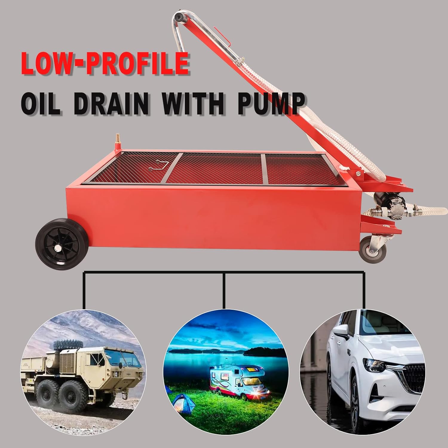 20 Gallon Low Profile Roll Around Oil Drain Pan with 110V Electric Pump 8 Feet Hose for Trucks Cars SUVS Red