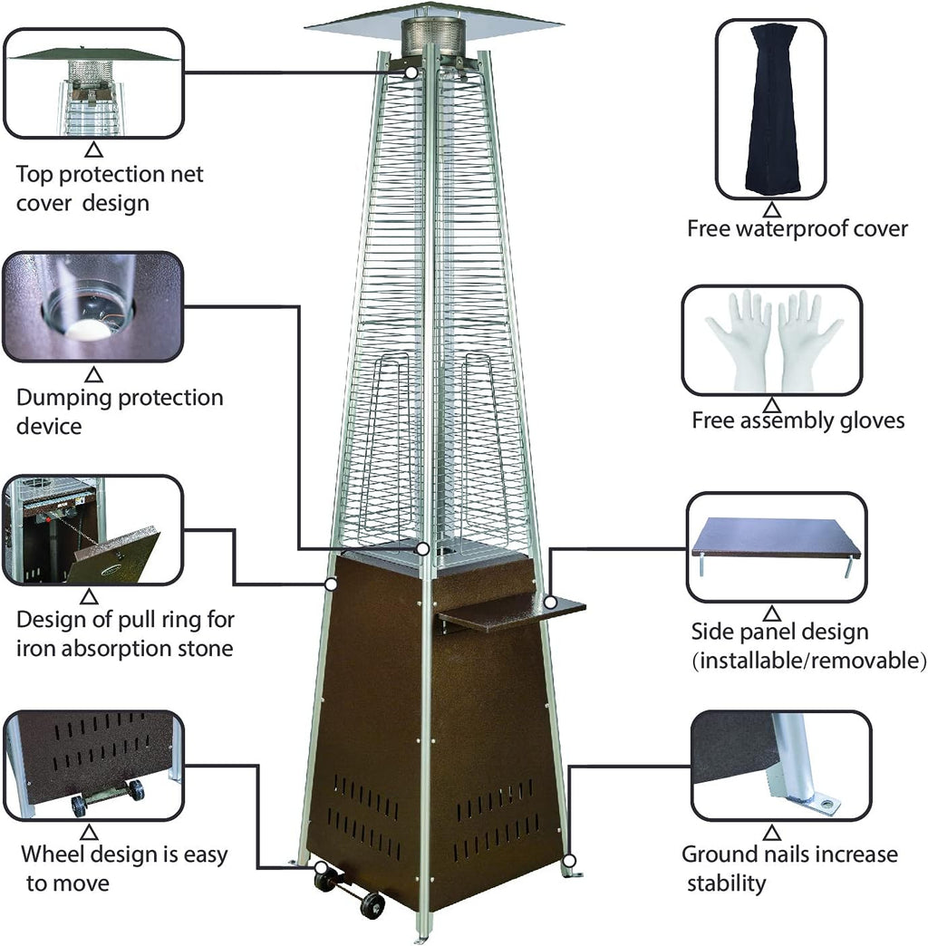 Pyramid Patio Propane Heater，48,000 BTU Outdor Patio Flame Heater， With Wheels,Waterproof Cover Quartz Glass Tube Propane Heater for Patio, Party, Backyard, Garden, Decoration(Bronze)