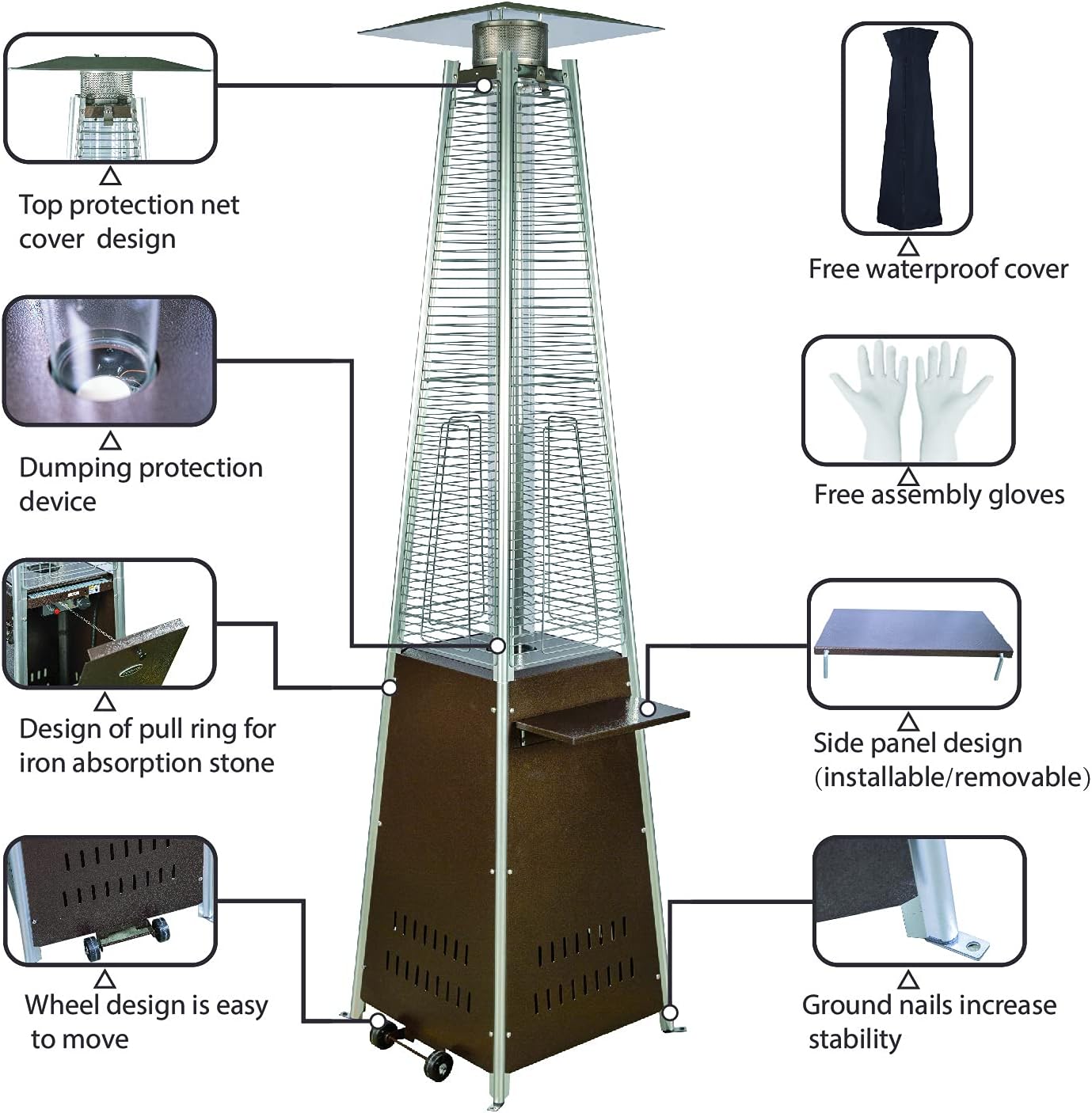 Pyramid Patio Propane Heater，48,000 BTU Outdor Patio Flame Heater， With Wheels,Waterproof Cover Quartz Glass Tube Propane Heater for Patio, Party, Backyard, Garden, Decoration(Bronze)