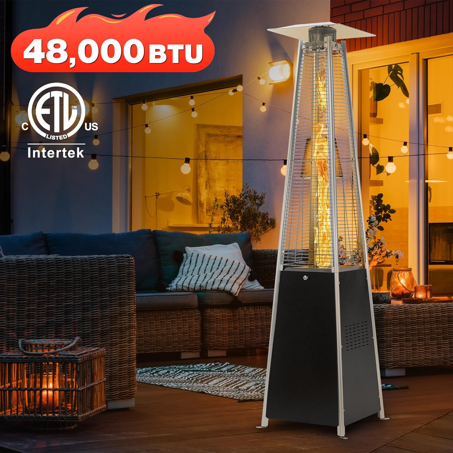 Pyramid Patio Propane Heater，48,000 BTU Outdor Patio Flame Heater， With Wheels,Waterproof Cover Quartz Glass Tube Propane Heater for Patio, Party, Backyard, Garden, Decoration(Bronze)