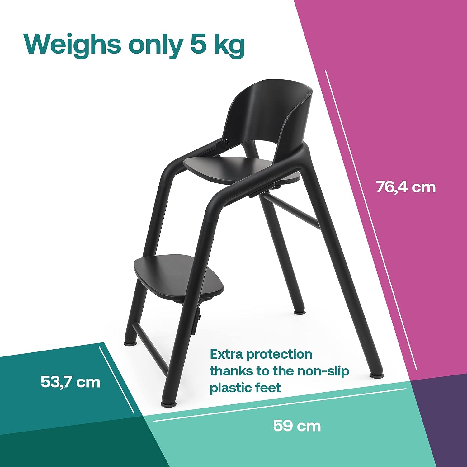 Wooden Baby High Chair, Adjustable in 1 Second, Easy to Clean, Safe and Ergonomic Highchair, Suitable from Birth in Combination with Newborn Set (Sold Separately), Black