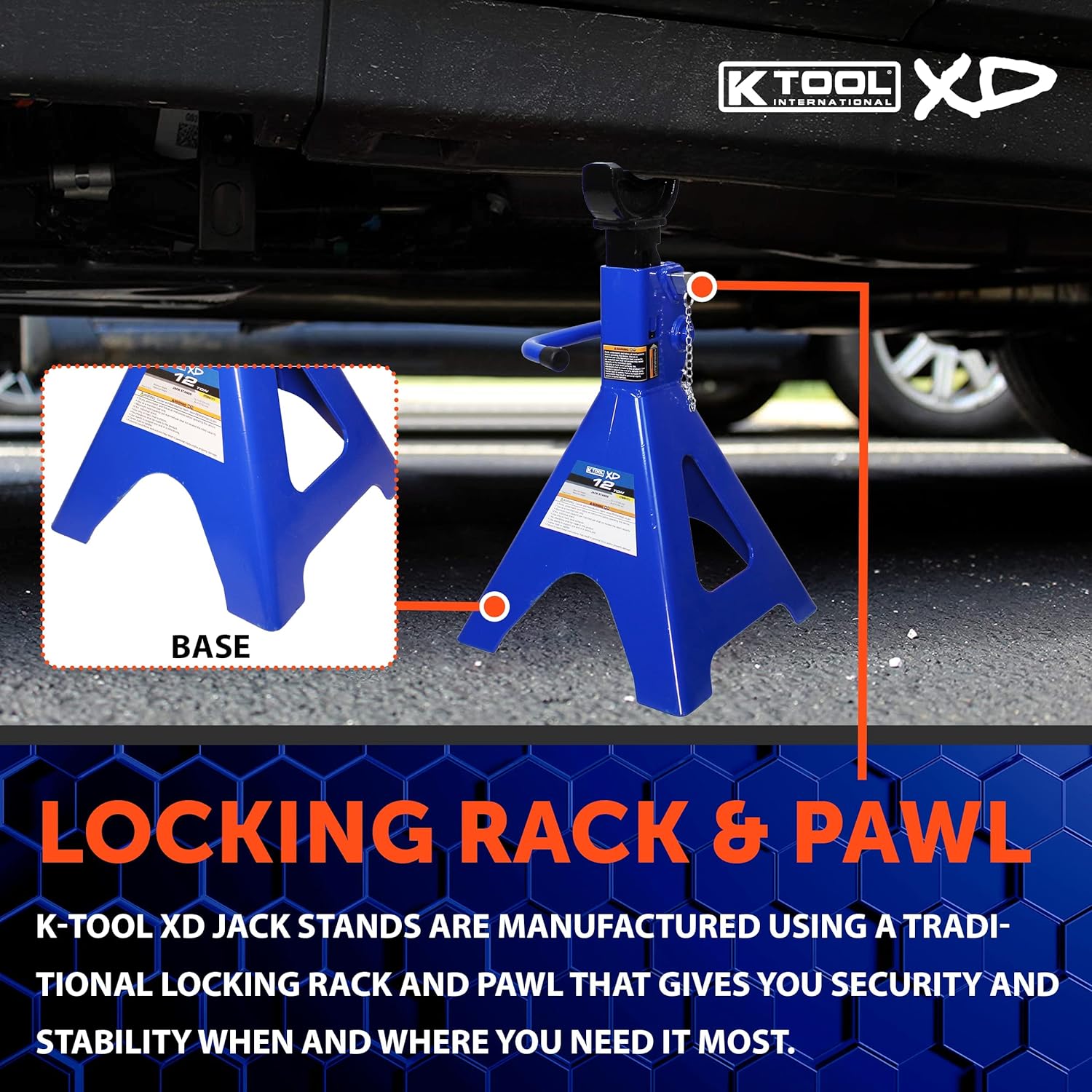 HD61222 22 Ton Automotive Jack Stands for Garages, Repair Shops, and DIY, Pin Style, V Shaped Saddle, Heavy Duty Steel Frame, Adjustable Height 11.825"- 19.725", Black/Blue, Pair