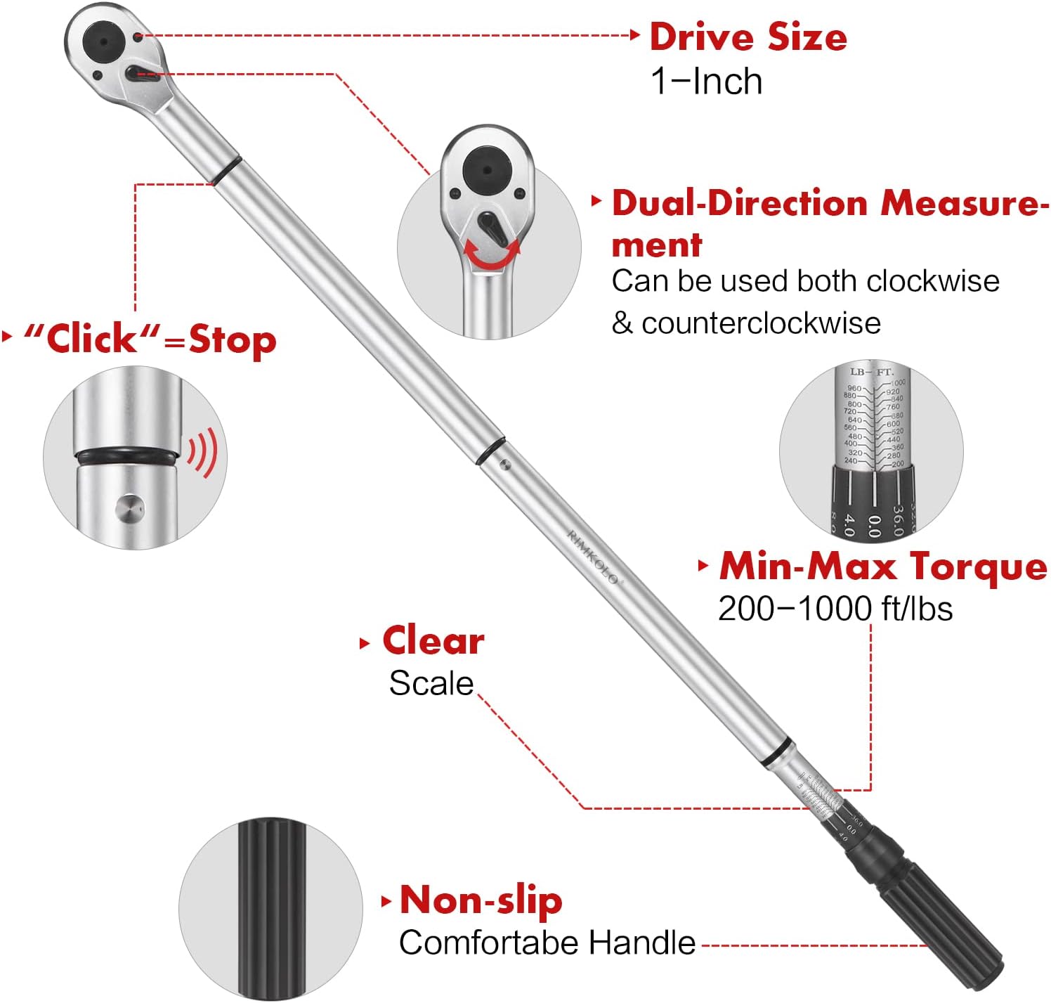 1-Inch Drive Click Torque Wrench, Dual-Scale Adjustable Torque Wrench Set with a Hex Key 200-1000ft.lb / 271-1356.7Nm