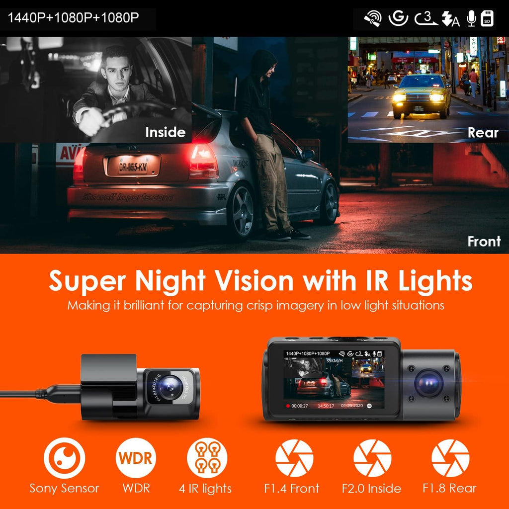Channel Dash Cam, 4K+1080P Front and Rear, 1440P+1440P Front and Inside, 1440P+1440P+1080P Three Way Triple Car Camera, IR Night Vision, 24 Hours Parking Mode, Support 256GB Max