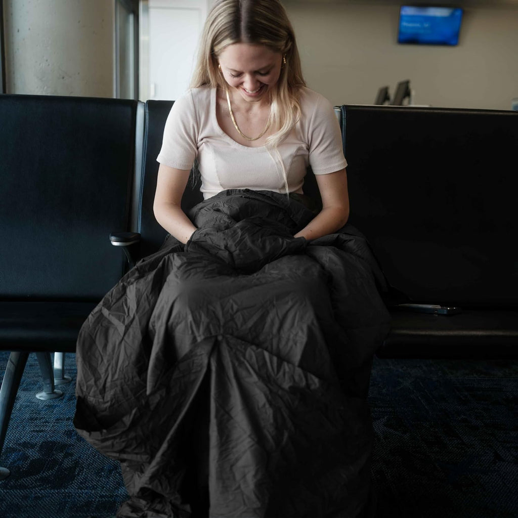 Layover Ultra-Compact Packable Down Blanket for Travel & Camping - Lightweight, Warm Travel Blanket Airplane, Car Blanket, Camping Blankets for Cold Weather - Includes Carrying Pouch (Blue)