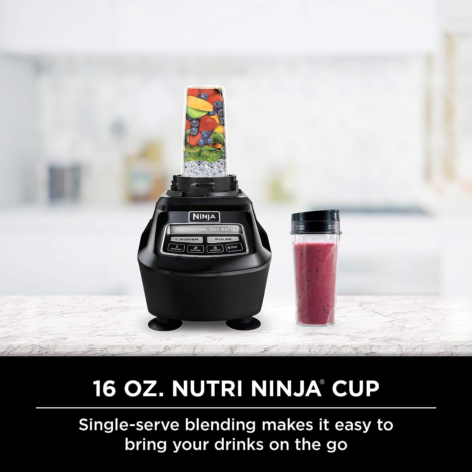 Mega Kitchen System, 1500W, 4 Functions for Smoothies, Processing, Dough, Drinks & More, with 72-oz.* Blender Pitcher, 64-oz. Processor Bowl, (2) 16-oz. To-Go Cups & (2) Lids, Black