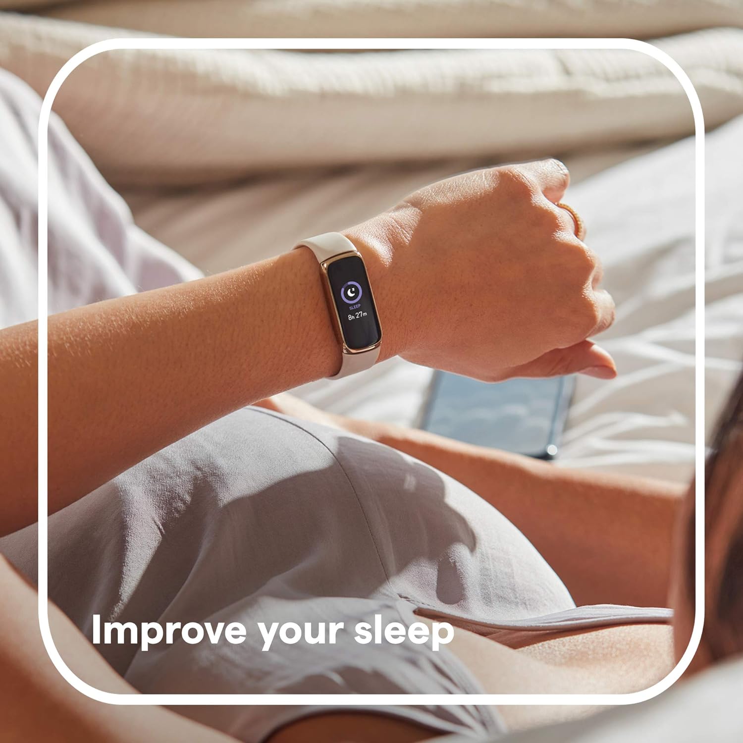 Fitness and Wellness-Tracker with Stress Management, Sleep-Tracking and 24/7 Heart Rate, One Size S L Bands Included, Lunar White/Soft Gold Stainless Steel, 1 Count