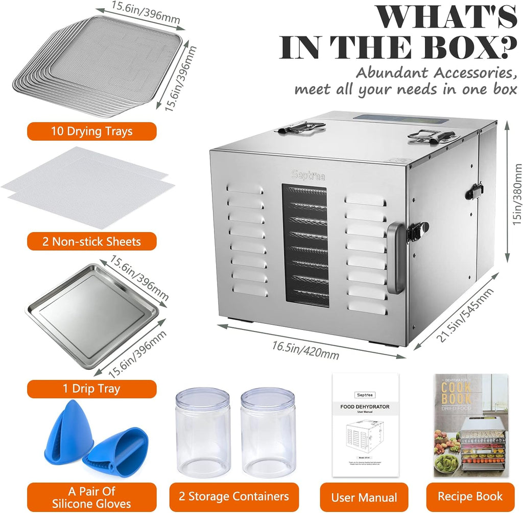 Commercial Large 10 Trays Food Dehydrator, Usable Area up to 17ft², 1000W Detachable Full Stainless Steel Dryer Machine, up to 190℉ Temperature, for Meat, Fruit, Beef, Herbs, and Pet Food