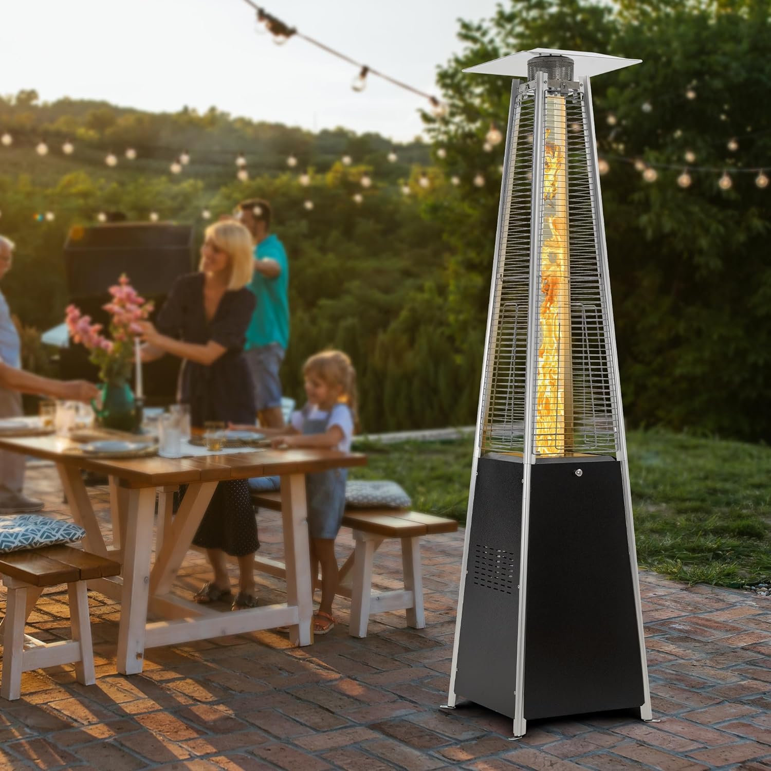 Pyramid Patio Propane Heater，48,000 BTU Outdor Patio Flame Heater， With Wheels,Waterproof Cover Quartz Glass Tube Propane Heater for Patio, Party, Backyard, Garden, Decoration(Bronze)