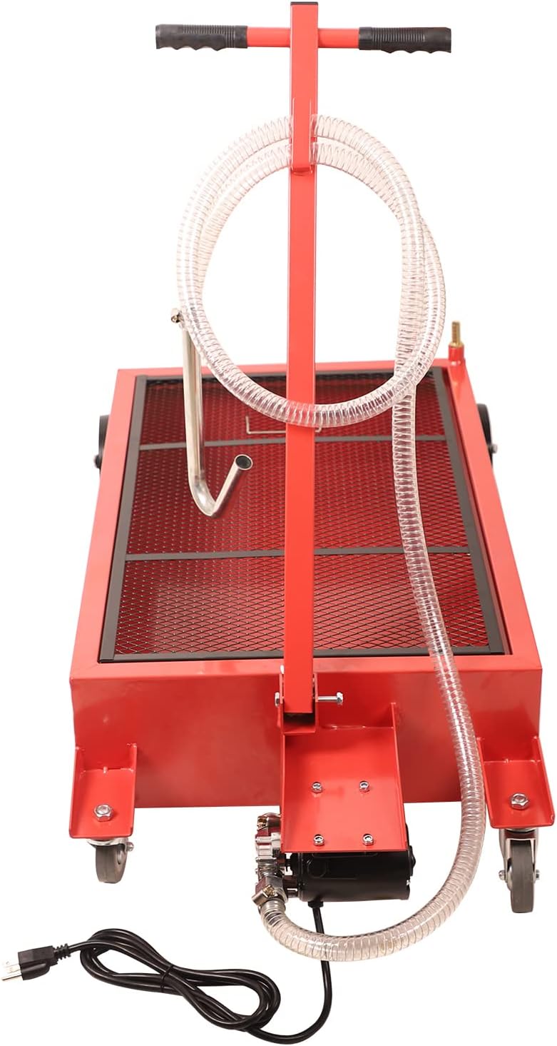 20 Gallon Low Profile Roll Around Oil Drain Pan with 110V Electric Pump 8 Feet Hose for Trucks Cars SUVS Red