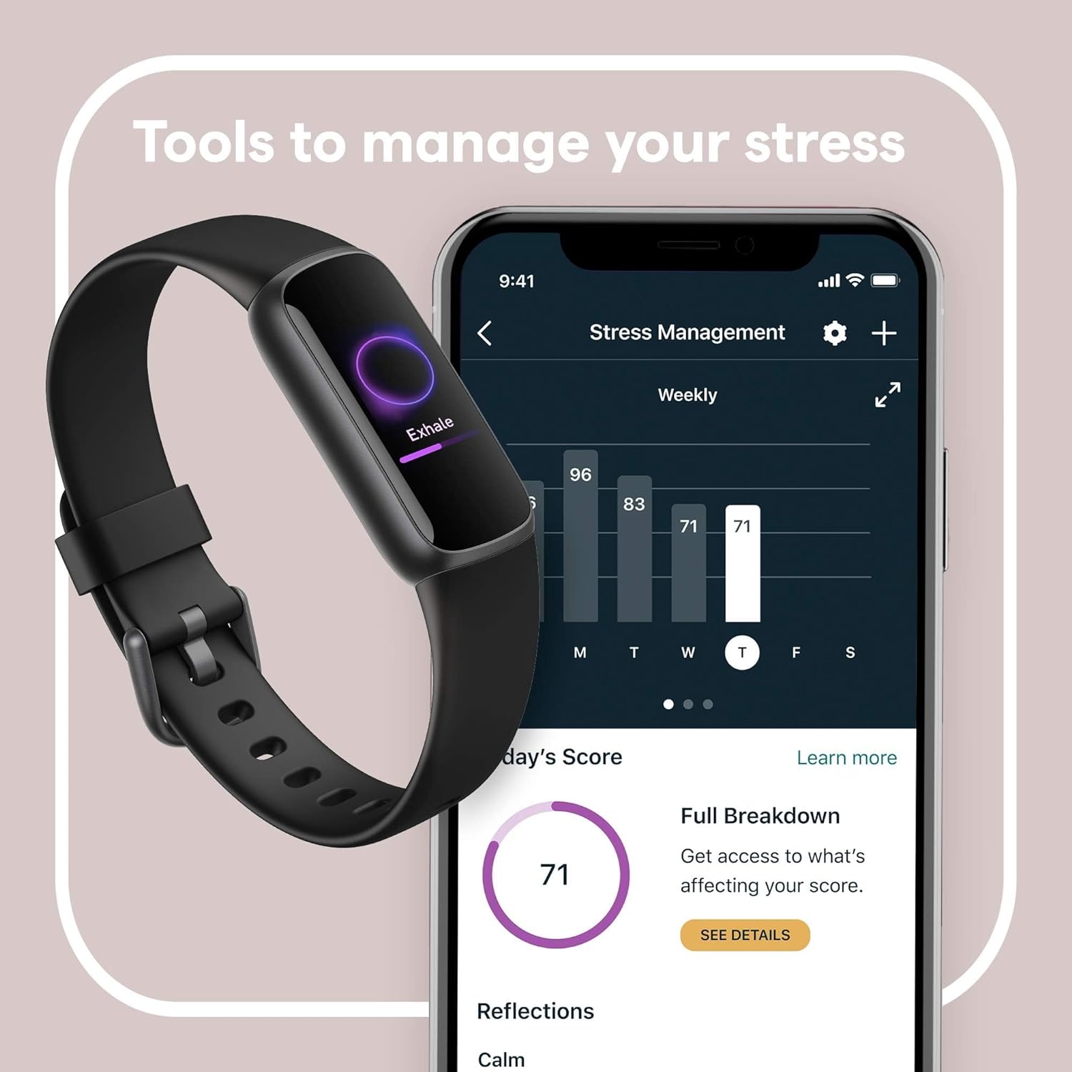 Fitness and Wellness-Tracker with Stress Management, Sleep-Tracking and 24/7 Heart Rate, One Size S L Bands Included, Lunar White/Soft Gold Stainless Steel, 1 Count
