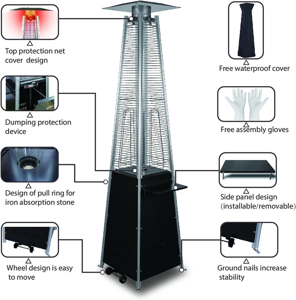 Pyramid Patio Propane Heater，48,000 BTU Outdor Patio Flame Heater， With Wheels,Waterproof Cover Quartz Glass Tube Propane Heater for Patio, Party, Backyard, Garden, Decoration(Bronze)